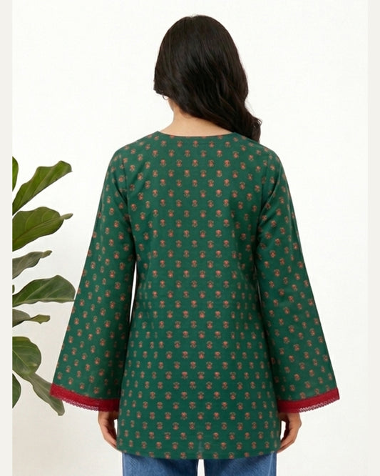 GULNAAR, NAXAYA Women's Green Floral Print V-Neck Bell Sleeve Kurti