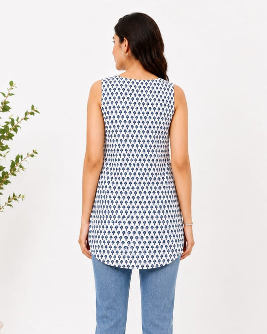 NILAYA, Women's White and Blue Printed Sleeveless Kurti | Comfort Fit cotton Top