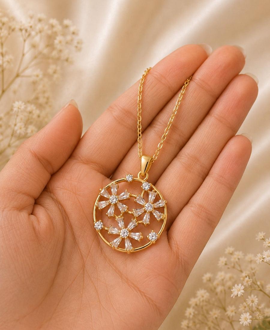 Celestial Daisy Crystal Pendant Necklace – Gold-Plated Floral Elegance