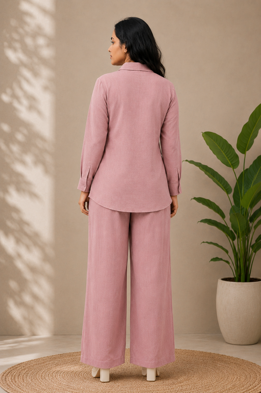Stylish blush pink women's matching shirt and pant co-ord set with white floral print