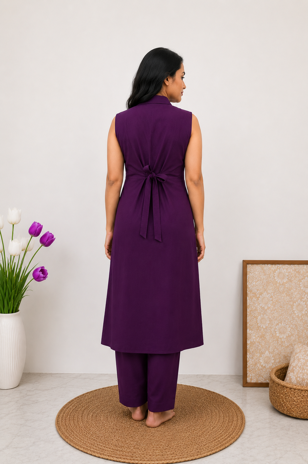 NAXAYA solid plum purple ethnic kurta set with comfortable fit and matching trousers
