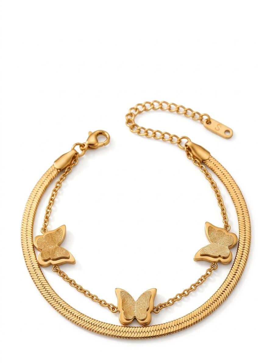 The Golden Butterfly Collection 18K Gold Plated Stainless Steel Layered Chain Bracelet for Women