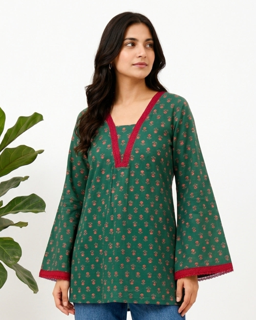 GULNAAR, NAXAYA Women's Green Floral Print V-Neck Bell Sleeve Kurti