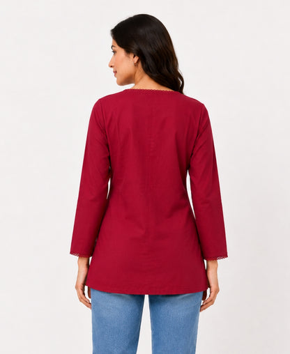 Maroon V-Neck Cotton Kurti