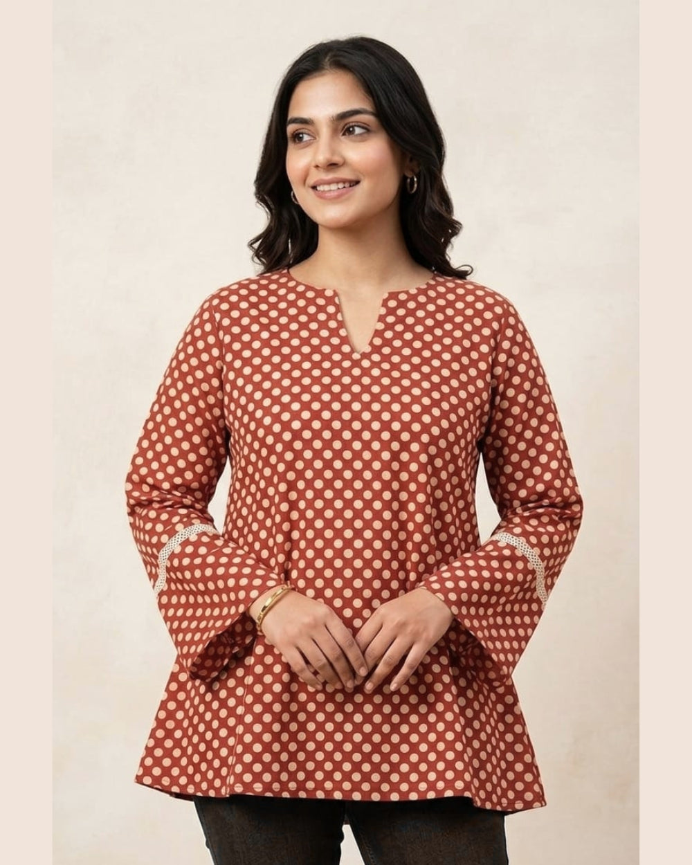 MOON DOTS | Rust Polka Dot Flared Sleeve Kurti