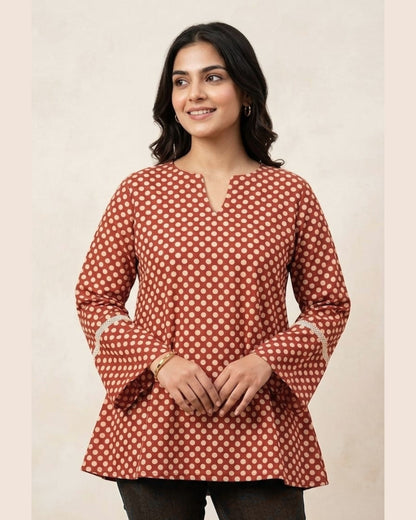 MOON DOTS | Rust Polka Dot Flared Sleeve Kurti