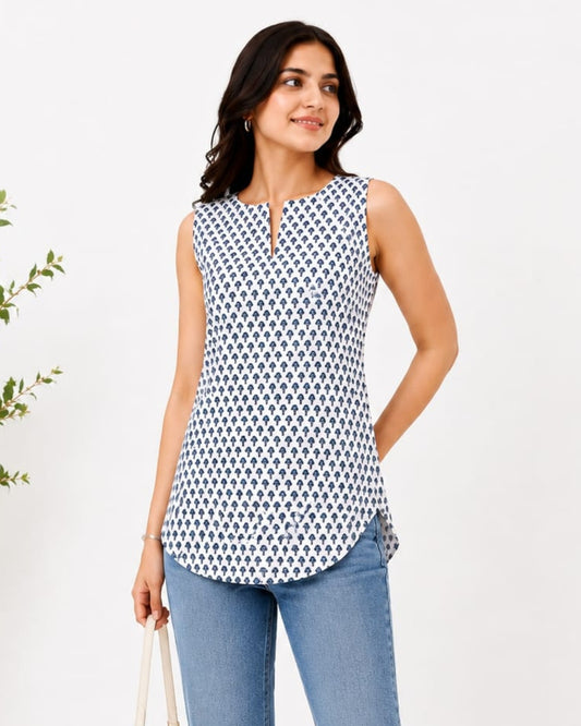 NILAYA, Women's White and Blue Printed Sleeveless Kurti | Comfort Fit cotton Top