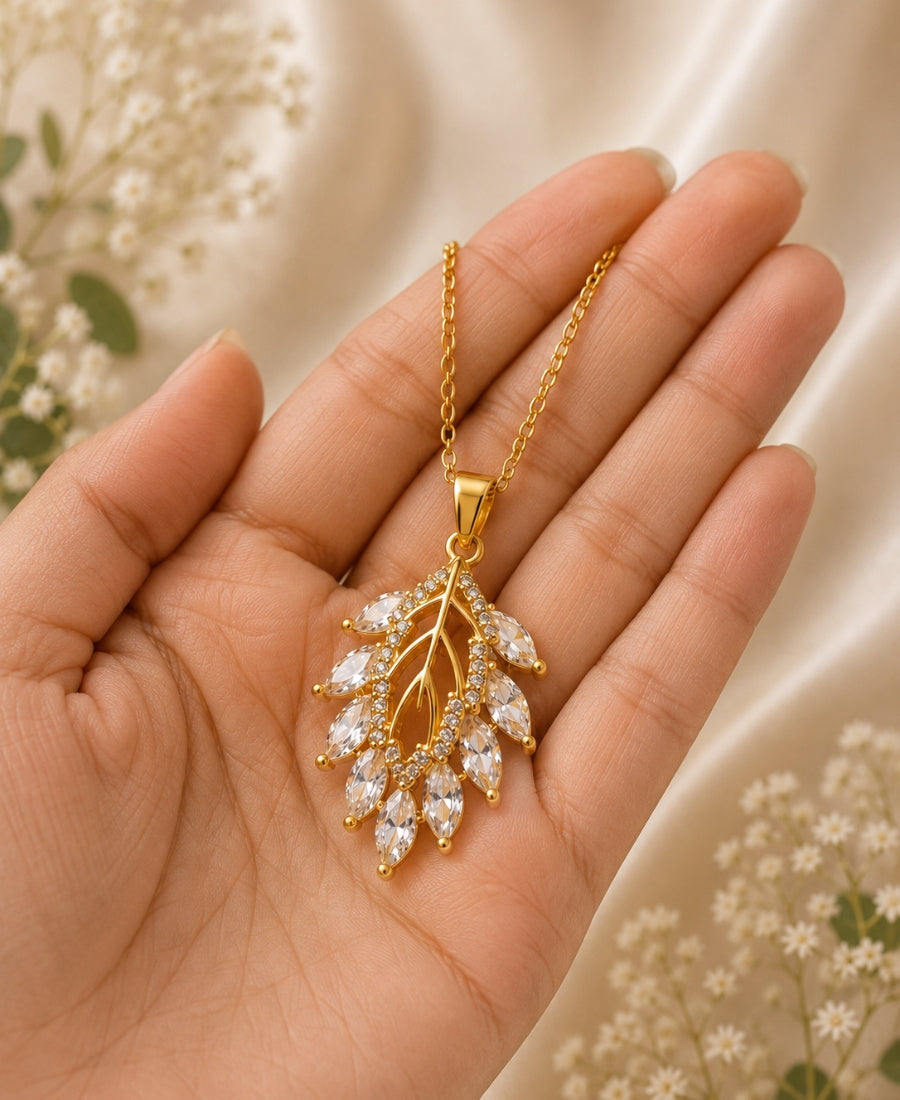 Marquise Leaf Crystal Pendant Necklace | Naxaya | Gold Plated Necklace