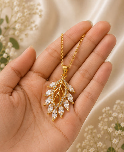 Marquise Leaf Crystal Pendant Necklace | Naxaya | Gold Plated Necklace