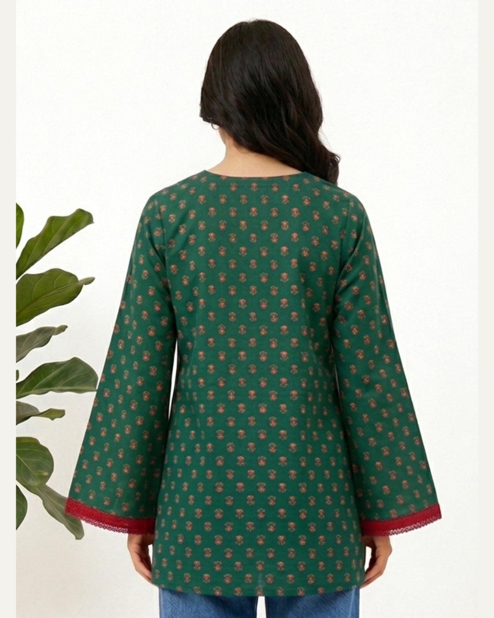 GULNAAR, NAXAYA Women's Green Floral Print V-Neck Bell Sleeve Kurti