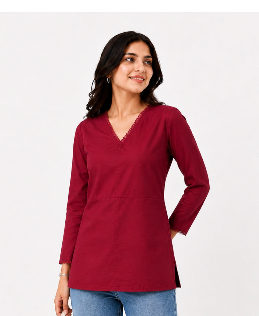 Maroon V-Neck Cotton Kurti