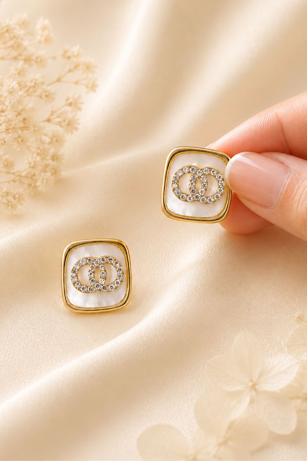 NAXAYA gold plated crystal square stud earrings with pearl white finish