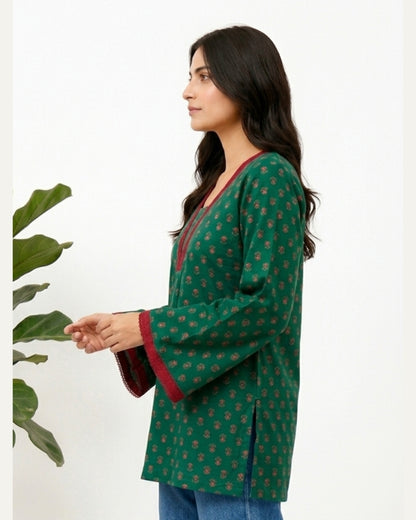 GULNAAR, NAXAYA Women's Green Floral Print V-Neck Bell Sleeve Kurti