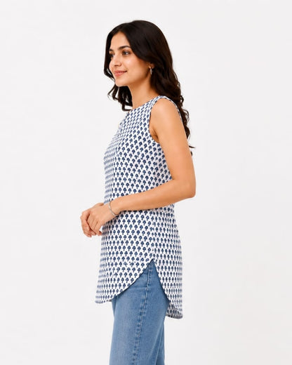NILAYA, Women's White and Blue Printed Sleeveless Kurti | Comfort Fit cotton Top
