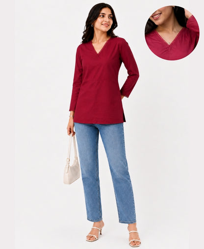 Maroon V-Neck Cotton Kurti