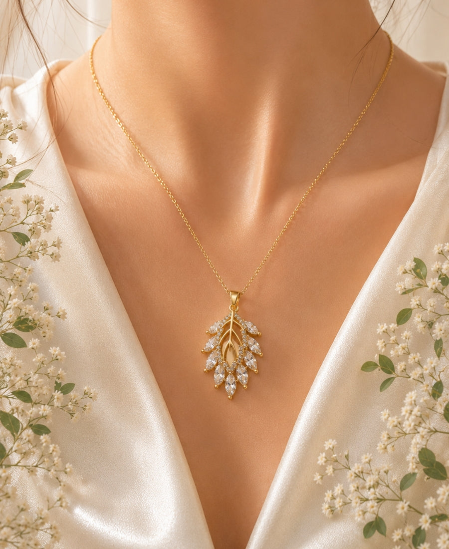 Marquise Leaf Crystal Pendant Necklace | Naxaya | Gold Plated Necklace