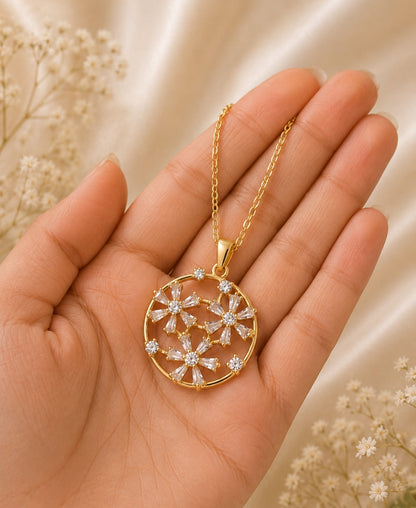 Celestial Daisy Crystal Pendant Necklace – Gold-Plated Floral Elegance