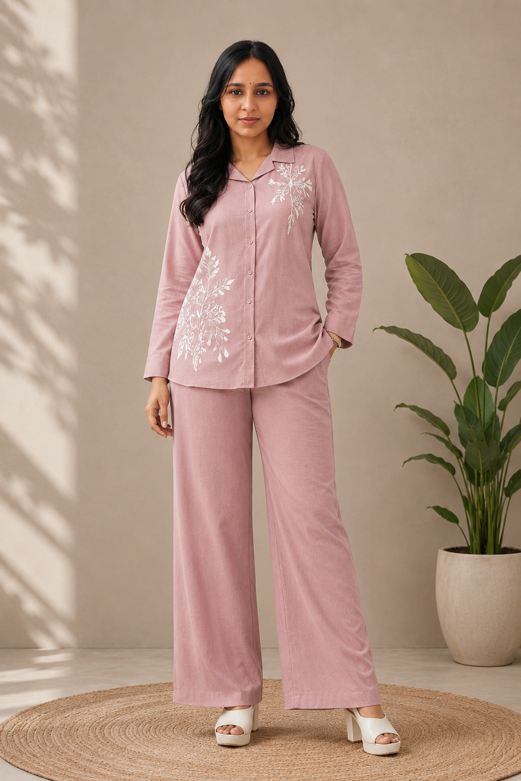 Women's dusty pink floral co-ord set featuring full sleeve button-down shirt and relaxed fit trousers