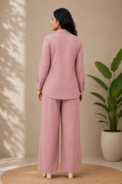 Stylish blush pink women's matching shirt and pant co-ord set with white floral print