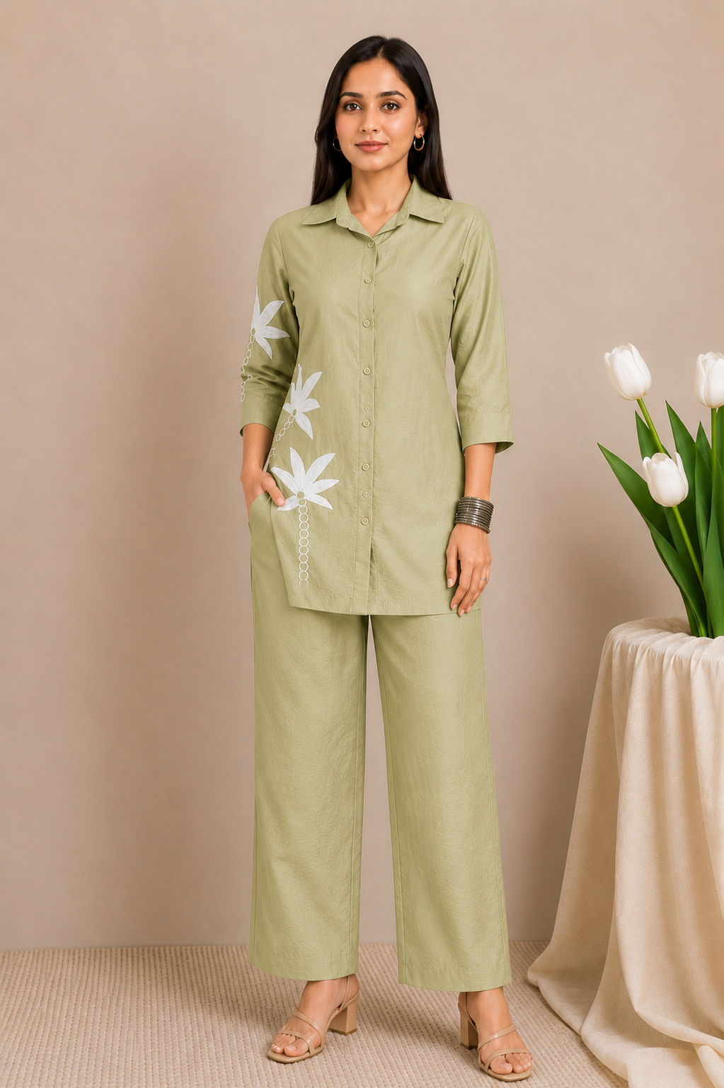 Women's Olive Green Floral Embroidered Co-Ord Set