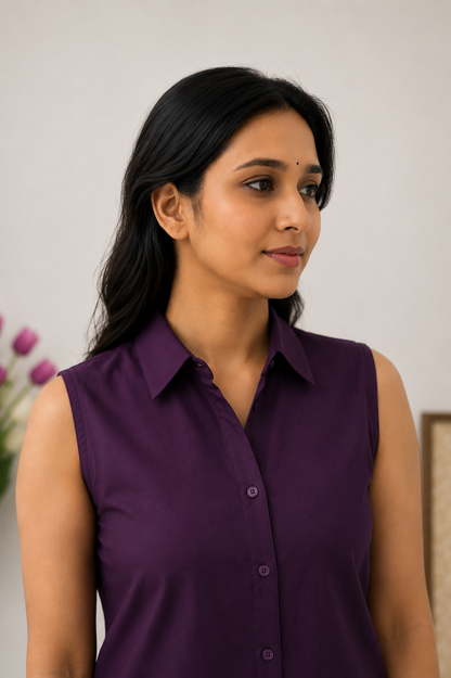 Women's solid purple sleeveless kurta with collared neckline and matching pants by NAXAYA