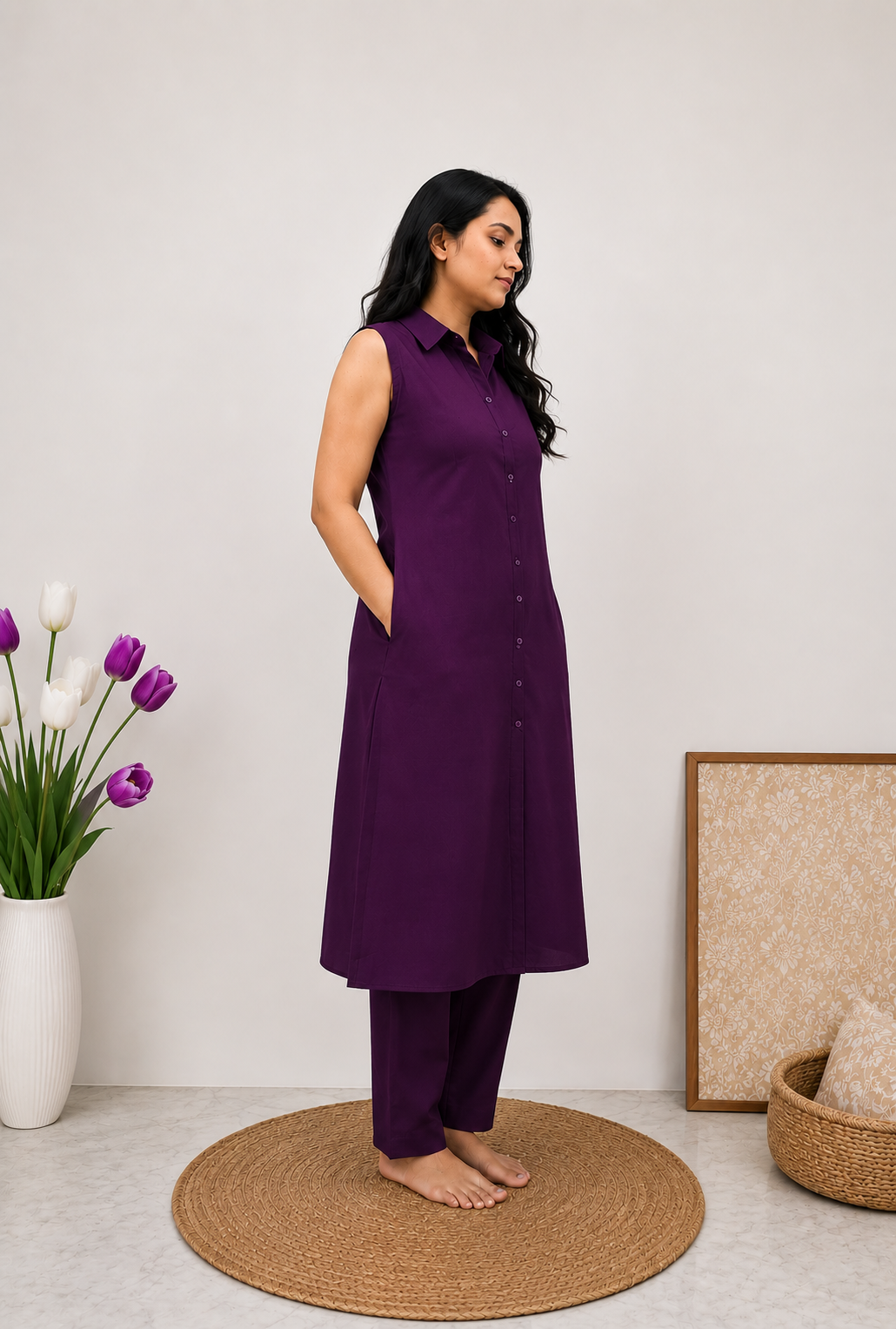 NAXAYA women's sleeveless purple kurta set with matching straight pants for casual everyday wear