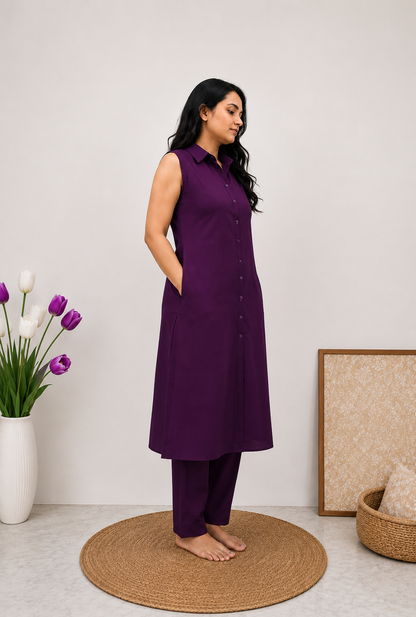 NAXAYA women's sleeveless purple kurta set with matching straight pants for casual everyday wear