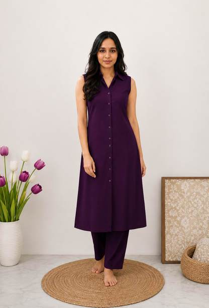 Elegant purple sleeveless kurta and pant set for women featuring a collared button-down design