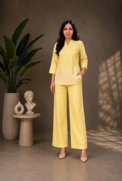 NAXAYA women's yellow embroidered co-ord set with floral detailing and wide leg pants