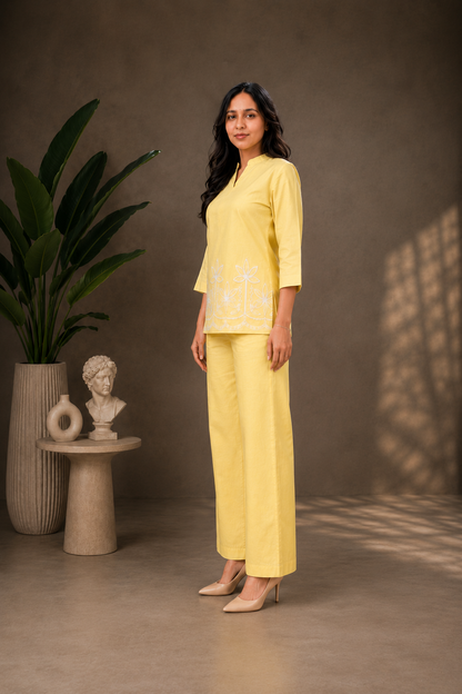 NAXAYA premium yellow floral embroidered co-ord set with comfortable fit and matching wide leg pants