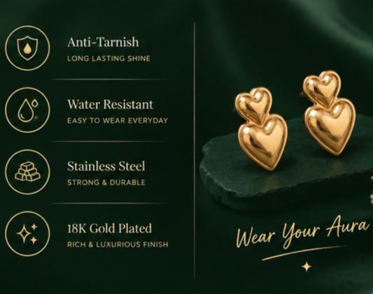 NAXAYA double heart earrings feature chart highlighting anti-tarnish finish, water resistance, stainless steel and 18K gold plating.