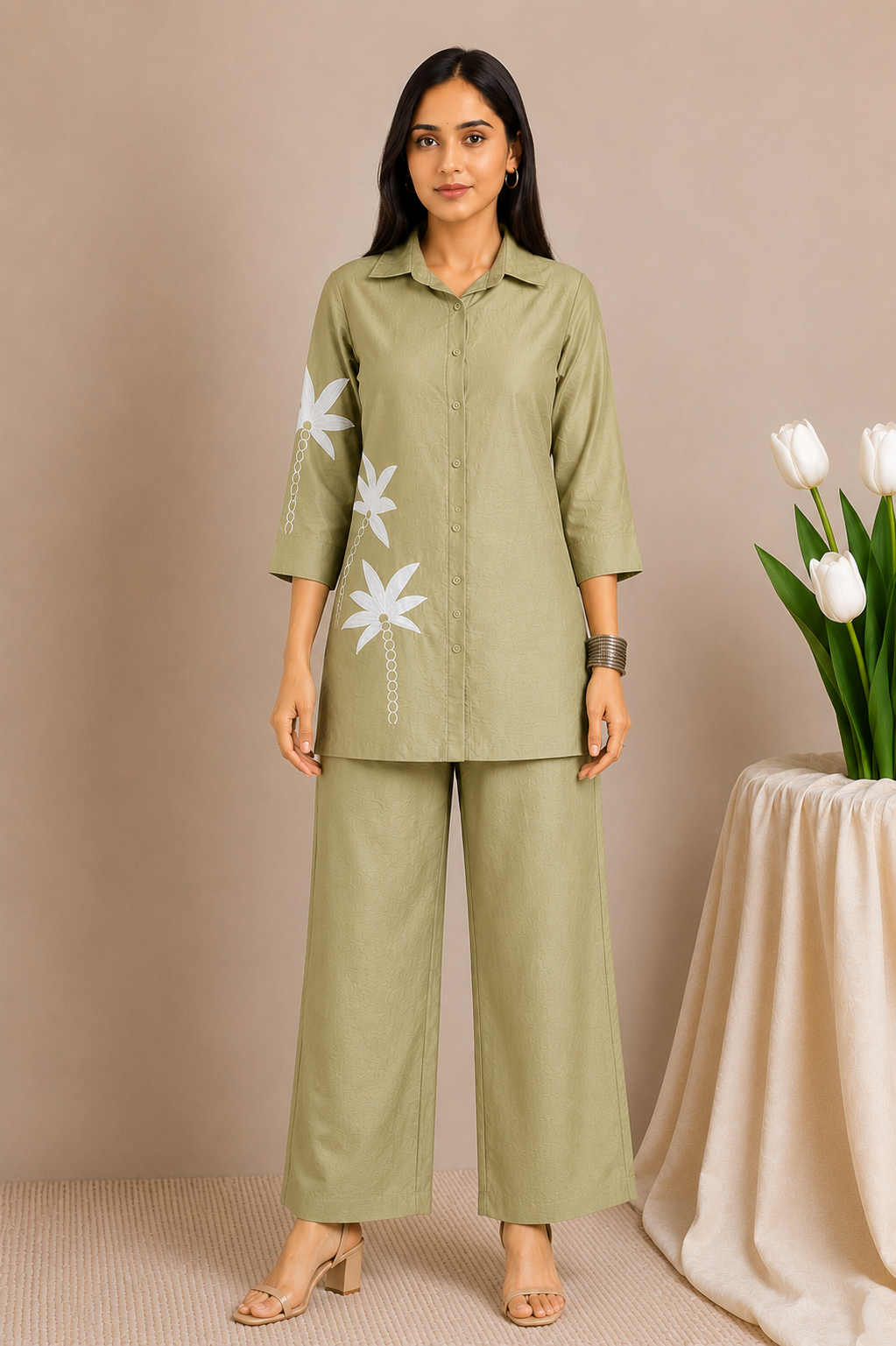 NAXAYA Elovia Embroidered Olive Green Co-Ord Set for Women