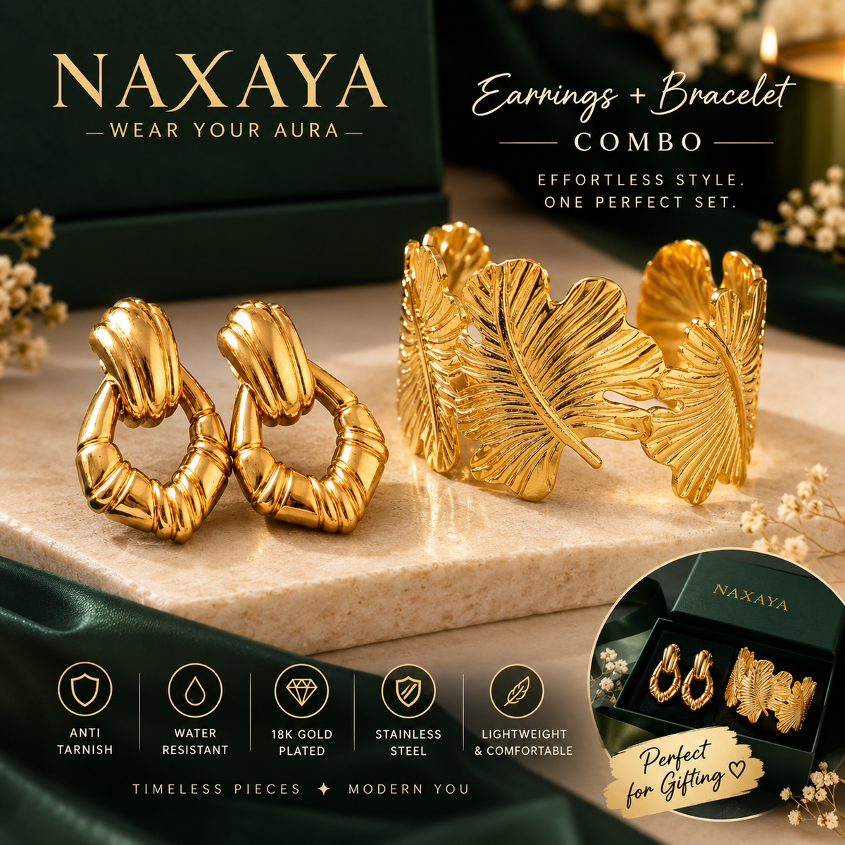 NAXAYA 18K Gold Plated Jewelry Combo Set for Women - Anti-Tarnish & Water Resistant Stainless Steel Ribbed Hoop Earrings and Adjustable Leaf Cuff Bracelet Duo Set (Gift for Women & Girls)