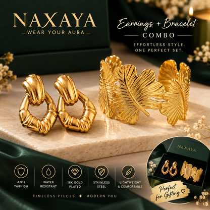 NAXAYA 18K Gold Plated Jewelry Combo Set for Women - Anti-Tarnish & Water Resistant Stainless Steel Ribbed Hoop Earrings and Adjustable Leaf Cuff Bracelet Duo Set (Gift for Women & Girls)