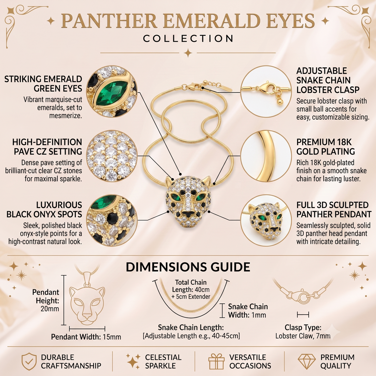 NAXAYA panther necklace features and size guide: 20 x 15 mm pendant, 40 cm snake chain with 5 cm extender and lobster clasp.⠋