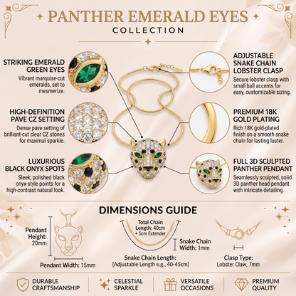 NAXAYA panther necklace features and size guide: 20 x 15 mm pendant, 40 cm snake chain with 5 cm extender and lobster clasp.⠋