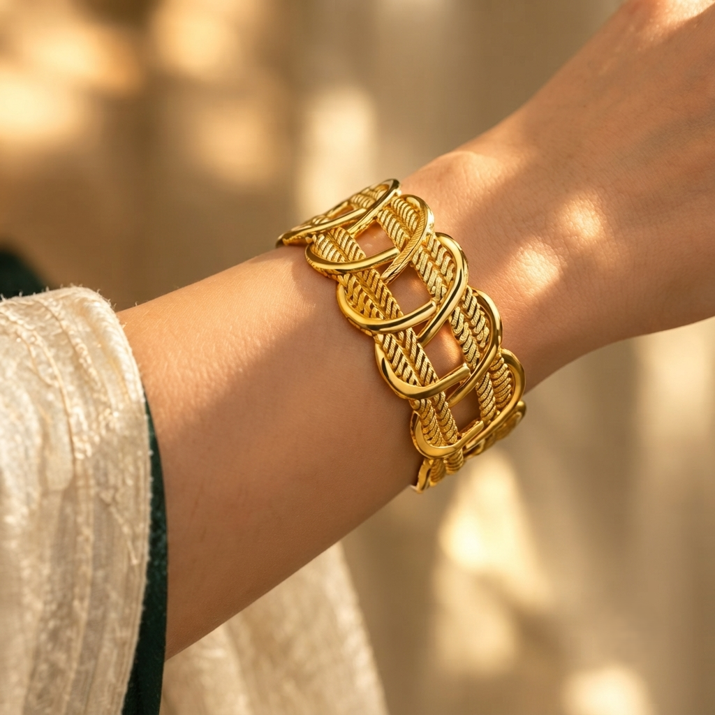 NAXAYA 18K Gold Plated Mesh Cuff Bracelet for Women