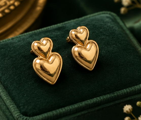 NAXAYA gold-tone double heart earrings with polished rounded hearts, displayed on a dark green velvet jewellery box.