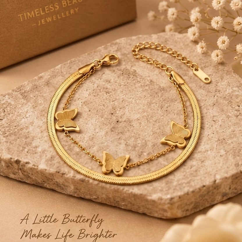 The Golden Butterfly Collection 18K Gold Plated Stainless Steel Layered Chain Bracelet for Women