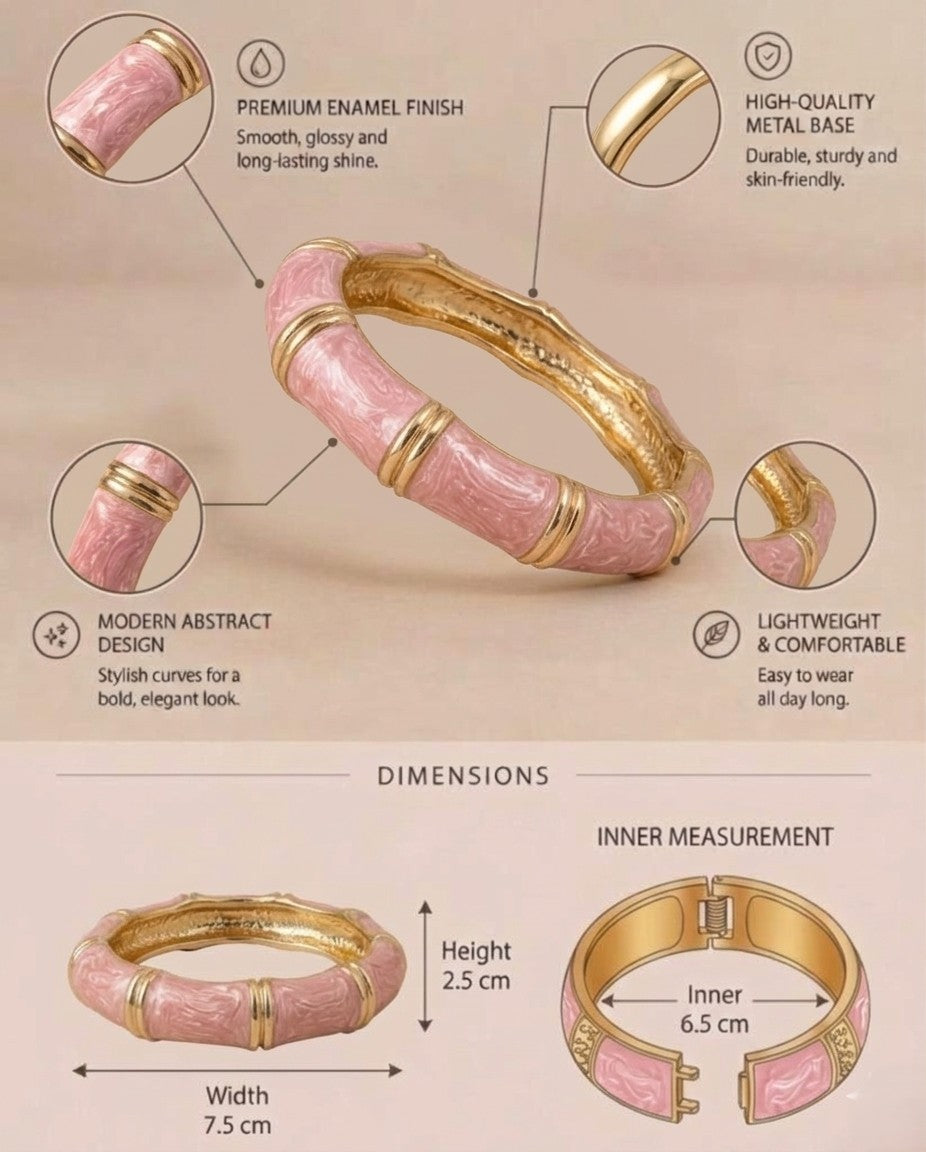 NAXAYA Aura Pink bangle details and size chart showing 7.5 cm width, 2.5 cm height and 6.5 cm inner measurement.