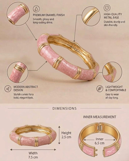 NAXAYA Aura Pink bangle details and size chart showing 7.5 cm width, 2.5 cm height and 6.5 cm inner measurement.