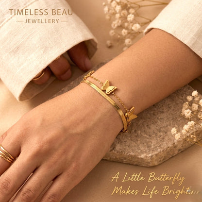 The Golden Butterfly Collection 18K Gold Plated Stainless Steel Layered Chain Bracelet for Women