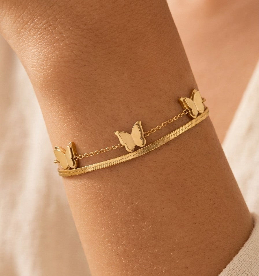 The Golden Butterfly Collection 18K Gold Plated Stainless Steel Layered Chain Bracelet for Women