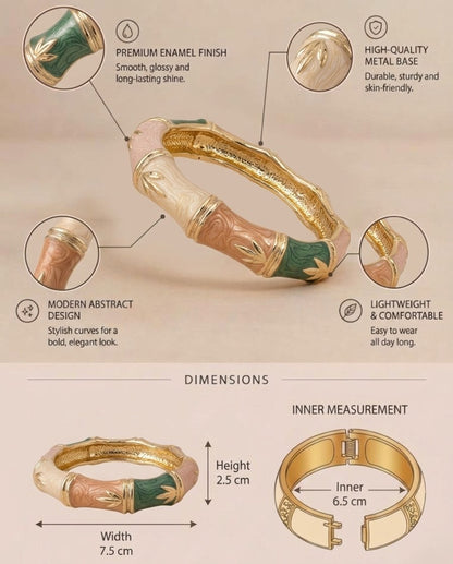 NAXAYA Bamboo Muse bangle details and size chart showing 7.5 cm width, 2.5 cm height and 6.5 cm inner measurement.