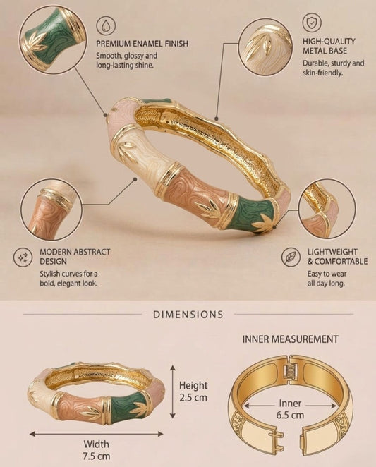 NAXAYA Bamboo Muse bangle details and size chart showing 7.5 cm width, 2.5 cm height and 6.5 cm inner measurement.
