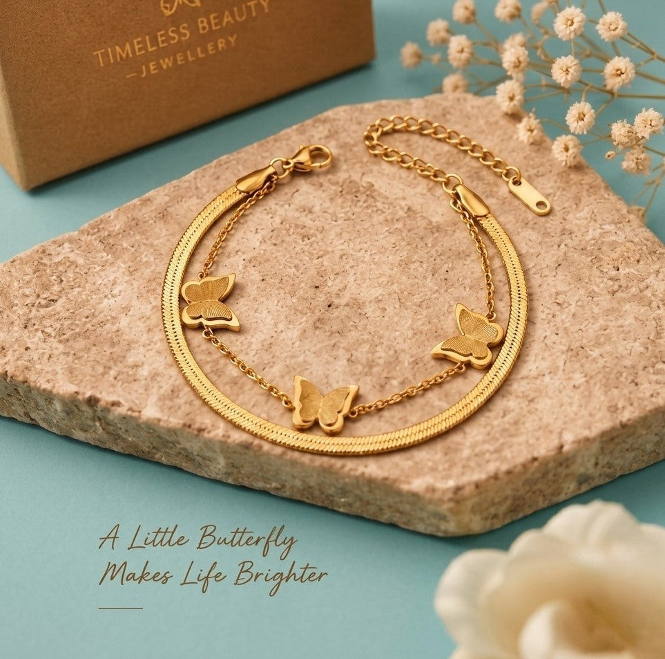The Golden Butterfly Collection 18K Gold Plated Stainless Steel Layered Chain Bracelet for Women