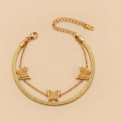 The Golden Butterfly Collection 18K Gold Plated Stainless Steel Layered Chain Bracelet for Women