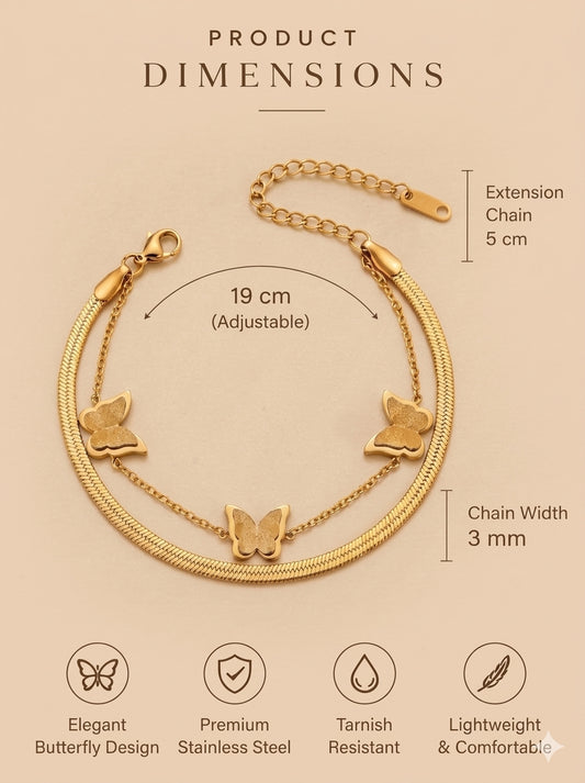 The Golden Butterfly Collection 18K Gold Plated Stainless Steel Layered Chain Bracelet for Women