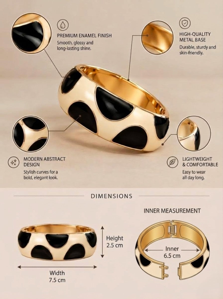 NAXAYA Modern Noir bracelet details and size chart showing 7.5 cm width, 2.5 cm height and 6.5 cm inner measurement.