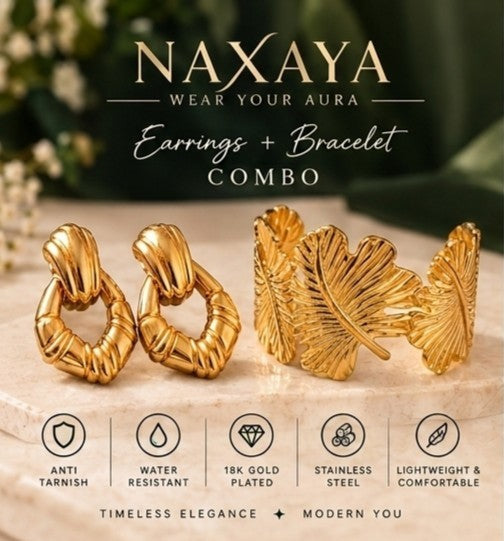 NAXAYA 18K Gold Plated Jewelry Combo Set for Women - Anti-Tarnish & Water Resistant Stainless Steel Ribbed Hoop Earrings and Adjustable Leaf Cuff Bracelet Duo Set (Gift for Women & Girls)